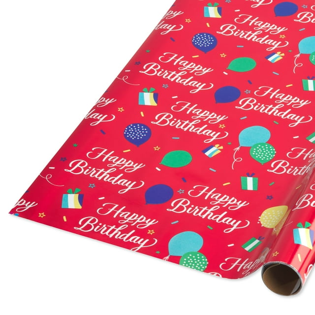 American Greetings Birthday Wrapping Paper, Birthday Text and Balloons