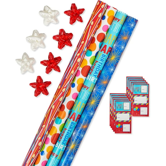 American Greetings Birthday Wrapping Paper Kit with Cut Lines, Bows and Gift Tags, Balloons, Candles, and Fireworks (7 Bows, 30 Gift Tags, 4 Rolls, 120 sq. ft)
