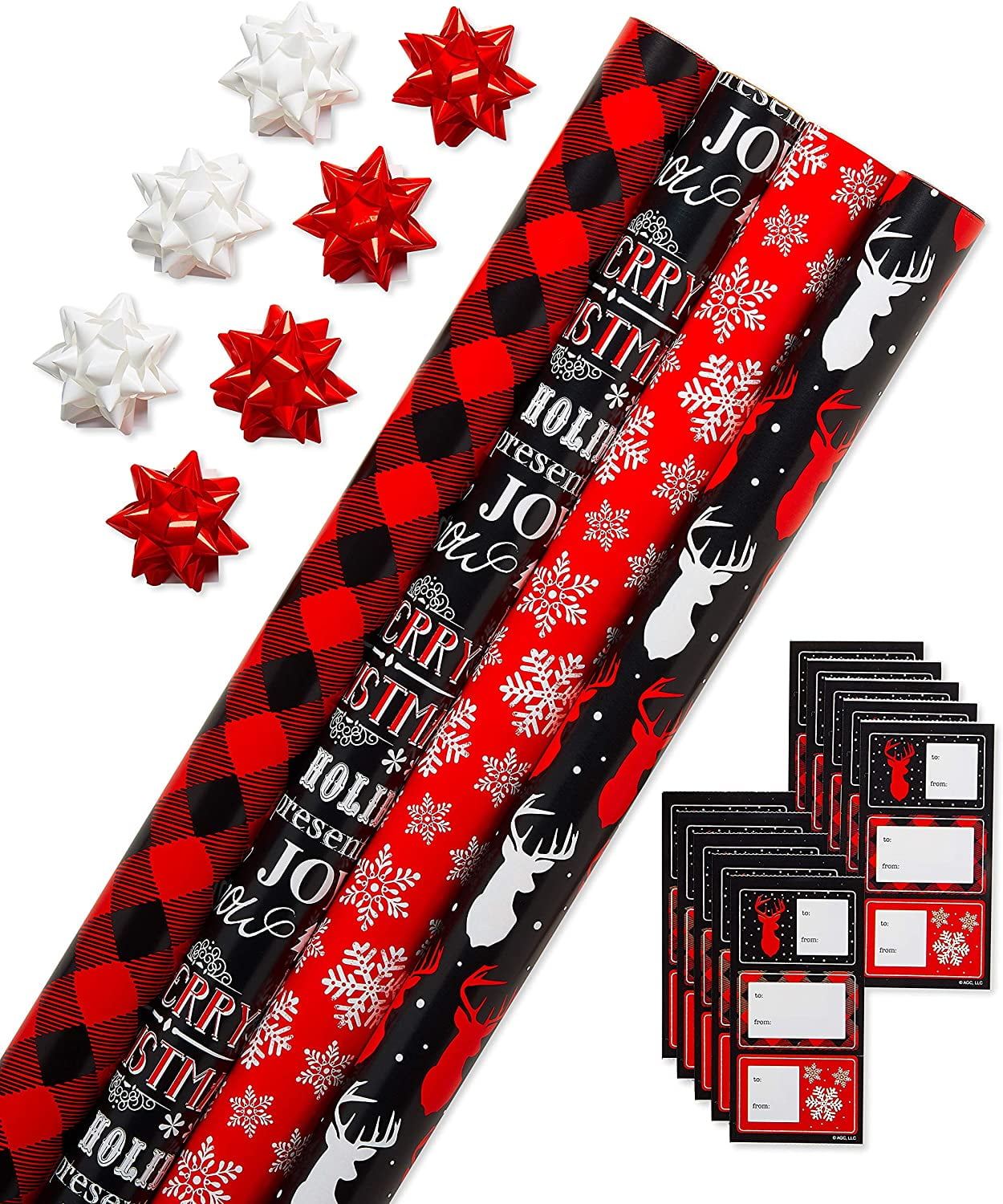 American Greetings Buffalo Plaid Christmas Wrapping Paper Set, Red and Black Holiday Gift Wrap (120 sq. ft., 4 rolls-30 in. x 12 ft., 7 Adhesive Bows, 30 Gift Tag Stickers) Snowflakes and Reindeer