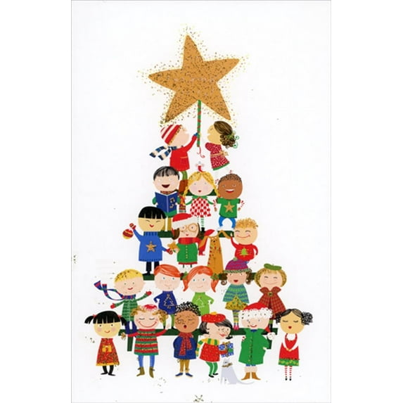 American Greetings Children Forming Tree Shape : Large Gold Star Box of 14 Christmas Cards