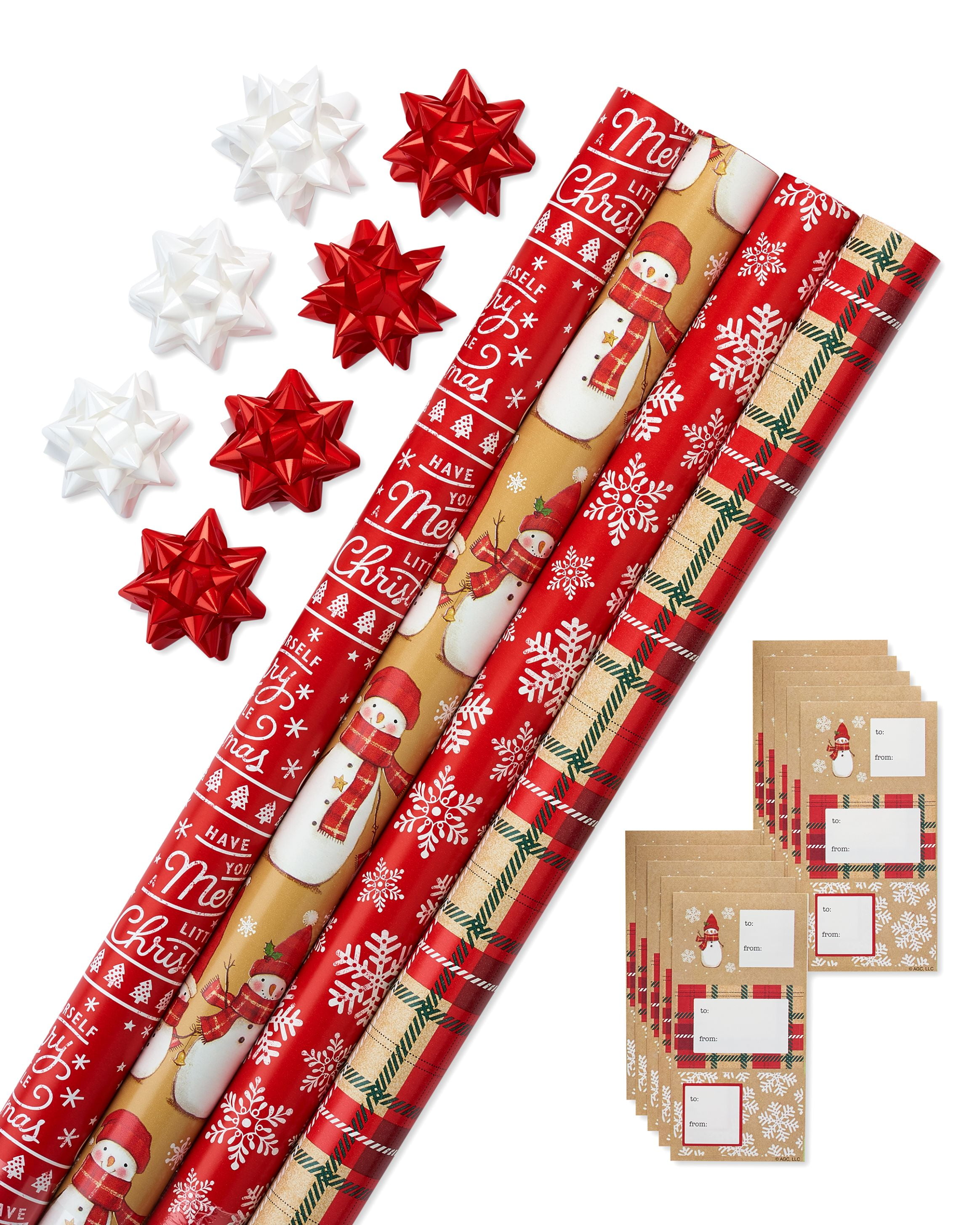 Christmas Wrapping Paper Ensemble with Bows and Gift Tags, Red, Black and  White, Plaid, Script, Reindeer and Snowflakes, 41-Count