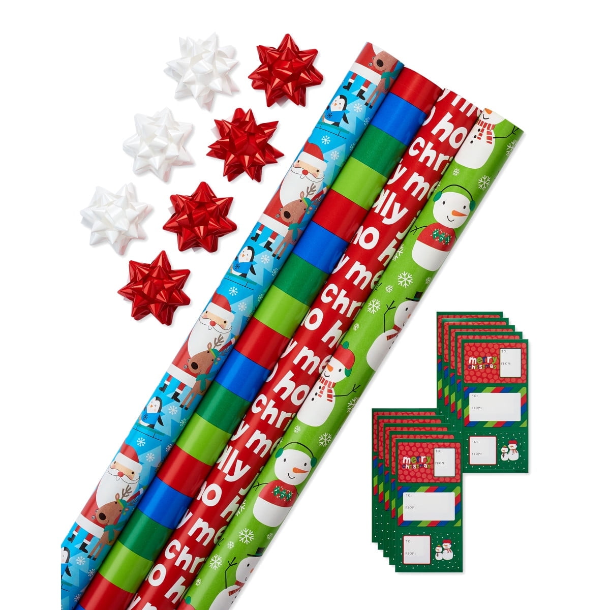 American Greetings Christmas Wrapping Paper Kit for Kids 4 Rolls with Gridlines 7 Bows and 30 Gift Tags 41 Count 120 Sq. ft