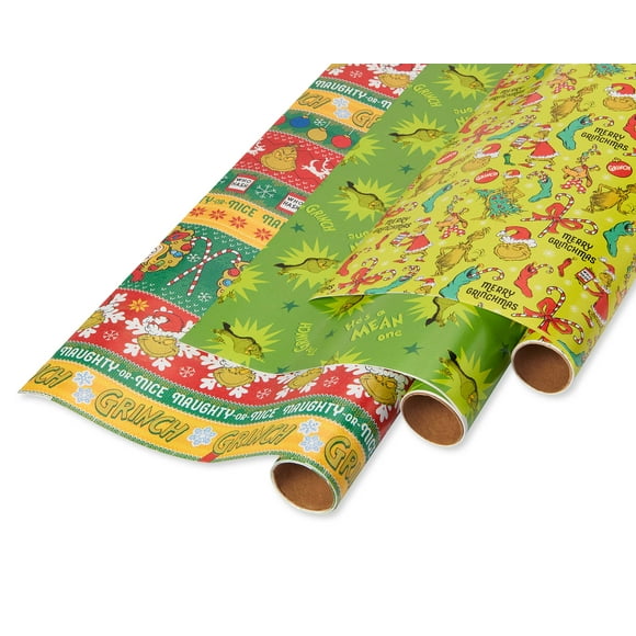 American Greetings Christmas Wrapping Paper with Cut Lines Bundle, Grinch (3-Rolls, 105 Sq. ft.)