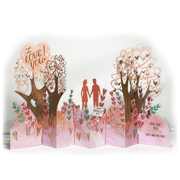American Greetings Couple Walking in Forest of Pink Hearts 3D Pop Up Mother's Day Card for Wife