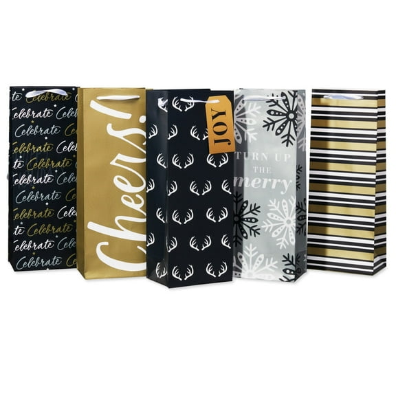 American Greetings Multi Design Wine Gift Bags, Black, Gold and Silver (5 Bags)
