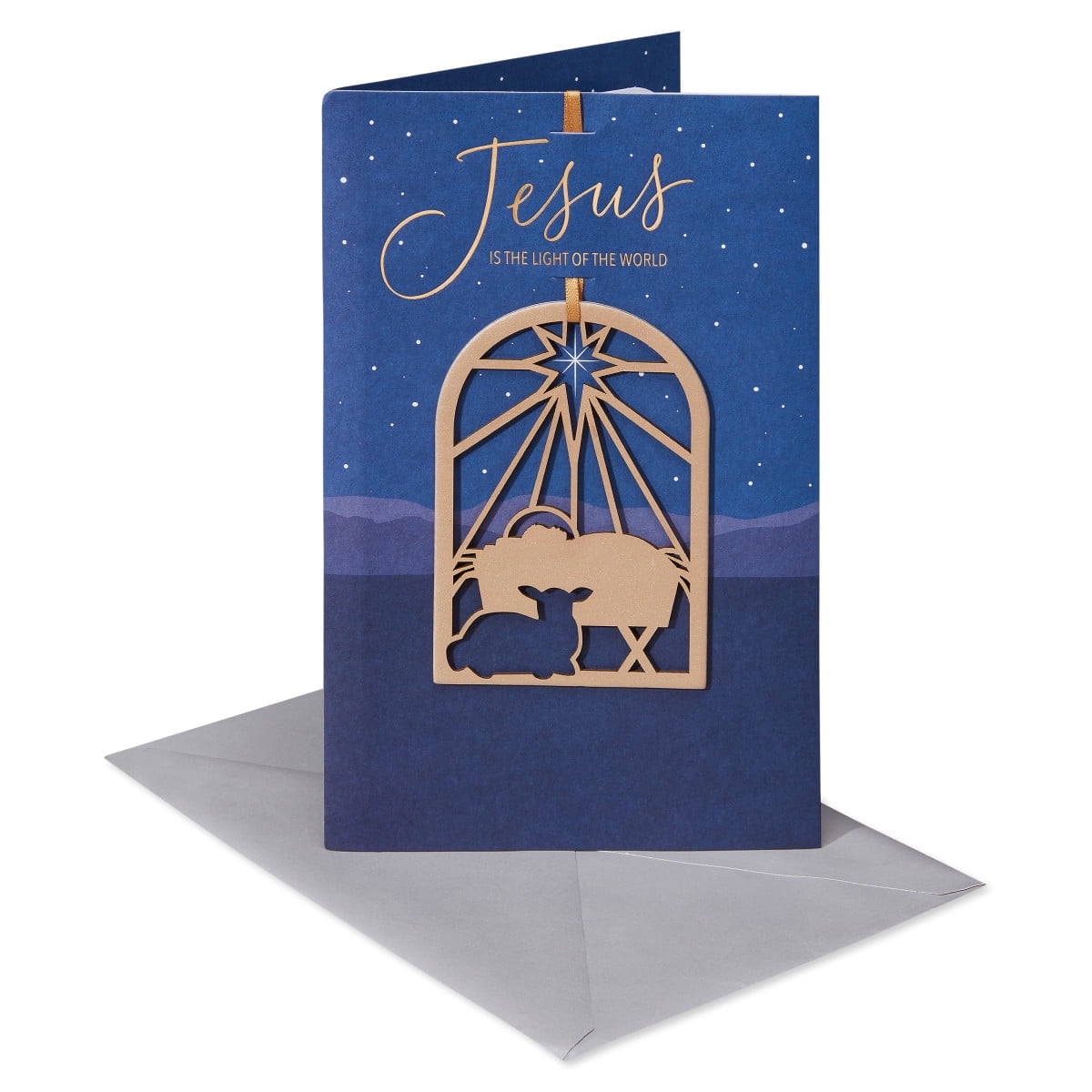Sapphire Blue and Gold Religious Christmas Card with Ornament Keepsake