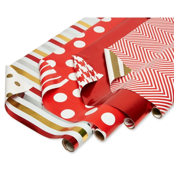 American Greetings Reversible All-Occasion Wrapping Paper, Red and Gold Patterns (4 Rolls, 120 sq. ft)