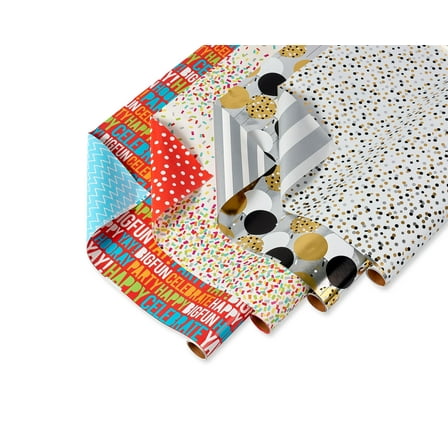 American Greetings Reversible Birthday Wrapping Paper, Balloons and Confetti (4 Rolls, 120 sq. ft.)