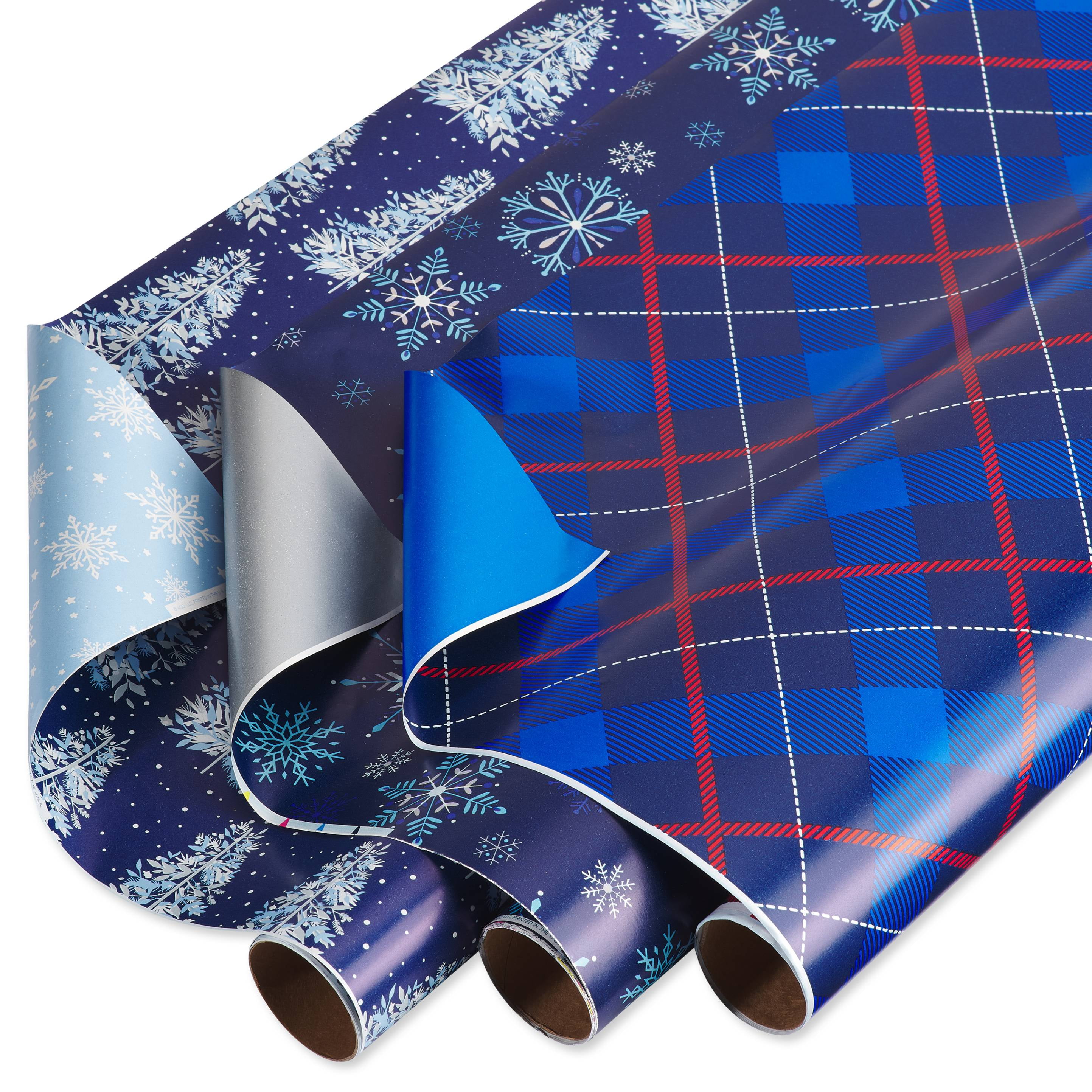 American Greetings Reversible Christmas Wrapping Paper, Blue and Silver (3-Rolls, 120 Sq. ft.)