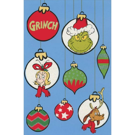 American Greetings The Grinch, Cindy Lou Who and Max Ornaments on Blue Box of 10 Christmas Cards