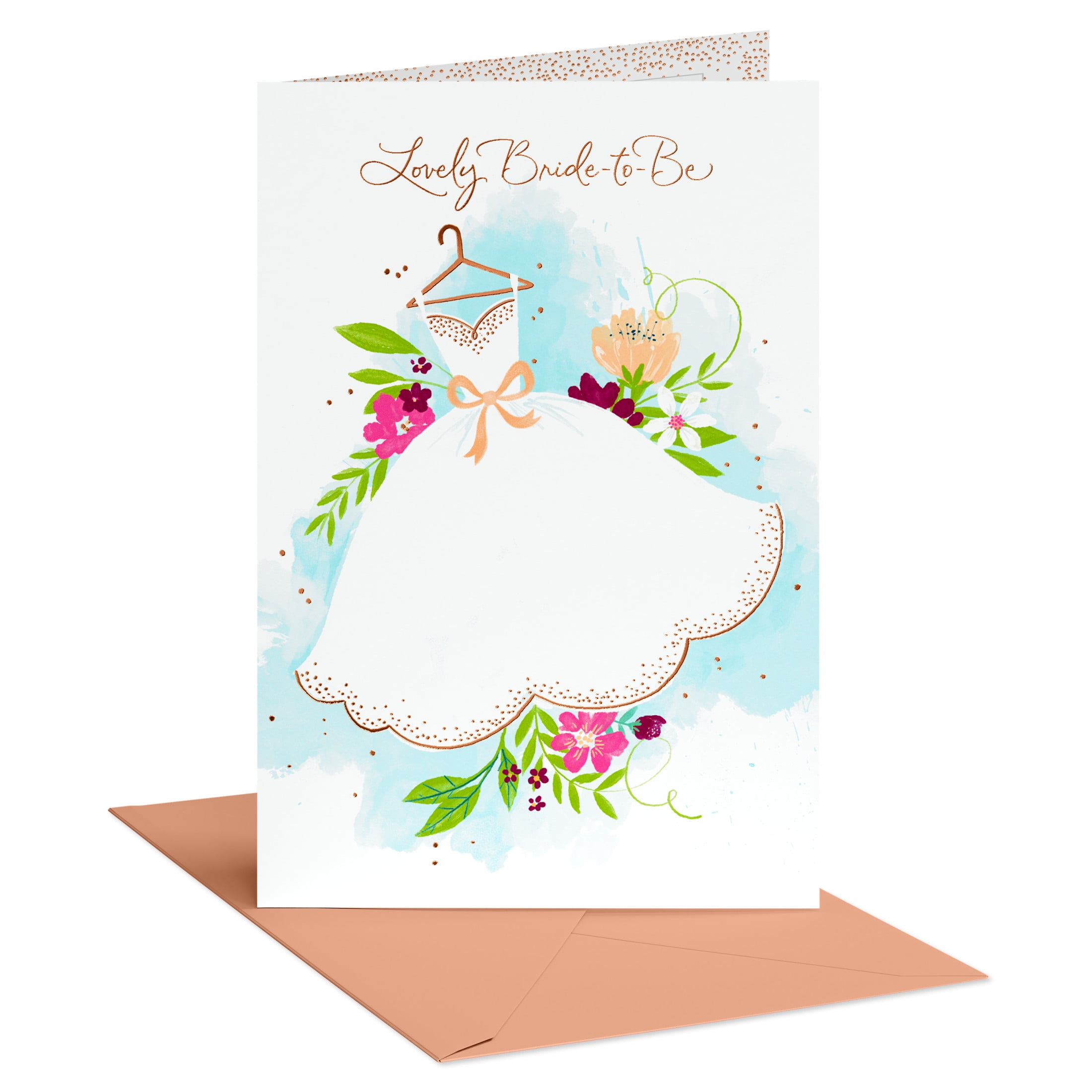 American Greetings Bridal Shower Card for Bride-to-Be, Watercolor Wedding Dress Rose Gold Foil Details, Includes Envelope