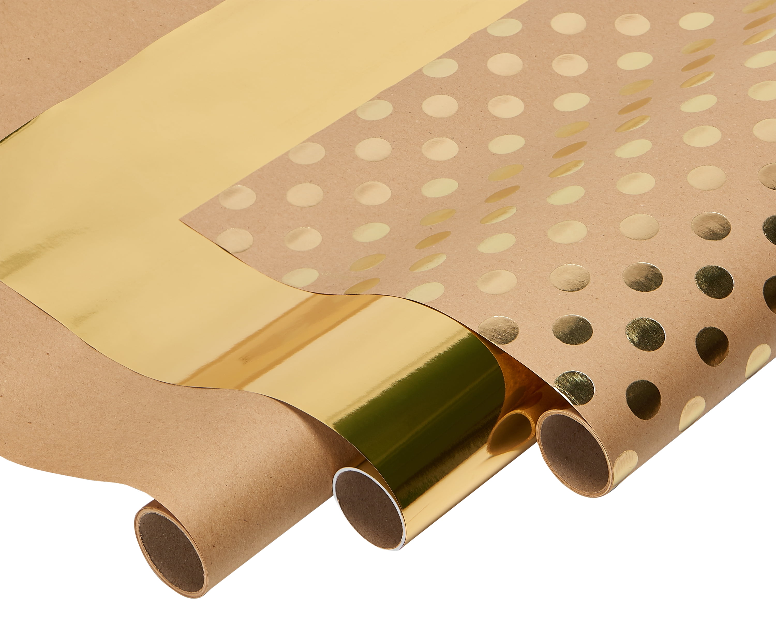 American Greetings Wrapping Paper for All Occasions, Kraft and Gold Polka Dots (3-Rolls, 75 Sq. ft)