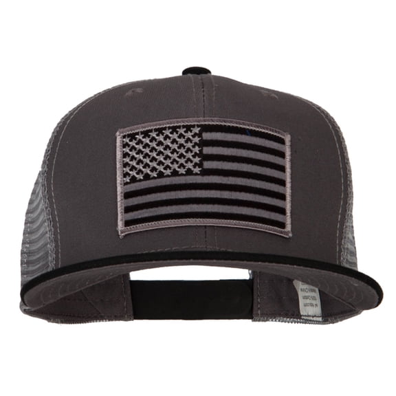 American Grey Flag Patched Big Size Flat Bill Trucker Cap - Black Charcoal XL-3XL