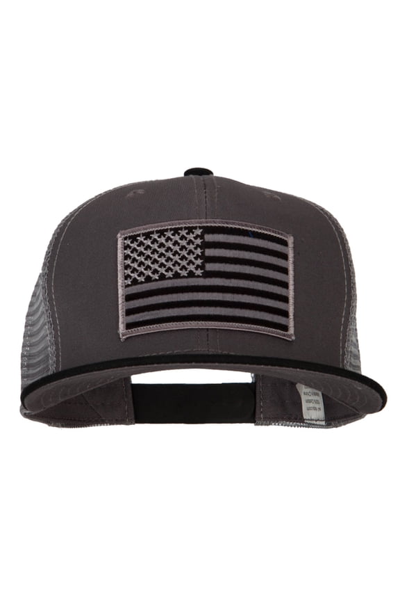 American Grey Flag Patched Big Size Flat Bill Trucker Cap - Black Charcoal XL-3XL