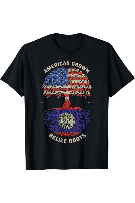 American Grown Belize Roots Belize Flag T-ShirtMen's and women's gift, black and white T-shirt, size: Extra large S-4XL