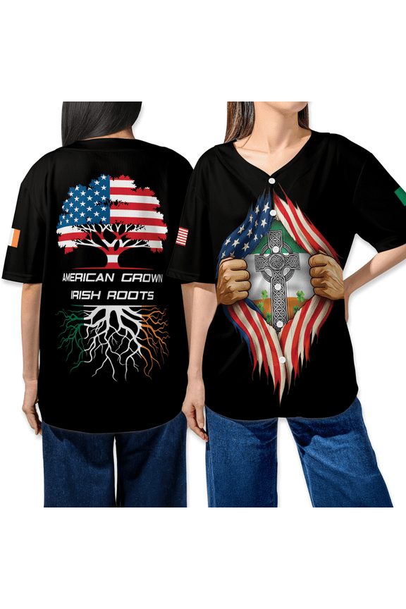 American Grown Irish Roots Baseball Jersey – Patriotic Irish Heritage Shirt for Men & Women – USA Flag & Celtic Cross Sport Fans Jersey