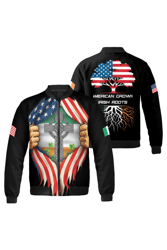 American Grown Irish Roots Bomber Jacket – Celtic Cross & Shamrock Design, USA Irish Heritage Zip Jacket