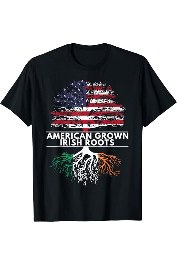 American Grown Irish Roots Heritage Tree T-Shirt - Patriotic USA Ireland Genealogy Tee for Men and Women - Retro St. Patrick's Day Ancestry Graphic Top