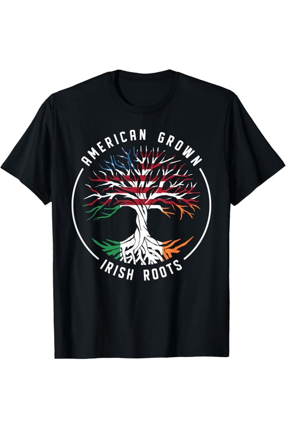 American Grown Irish Roots Ireland T-ShirtMen's and women's gift, black and white T-shirt, size: Extra large S-4XL