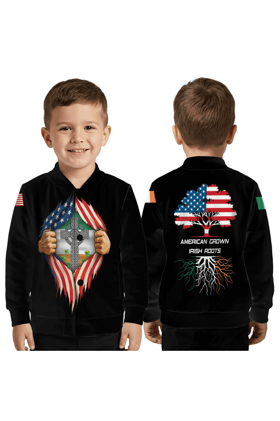 American Grown Irish Roots Jacket, Irish Pride St. Patrick’s Day Baseball Jacket, Celtic Cross Heritage Graphic Jacket