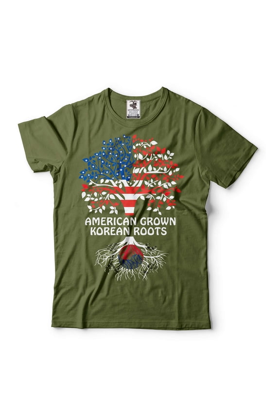 American Grown Korean Roots Shirt South Korea USA Shirts South Korea Flag Tee Korean Patriotic Shirt (Medium Military Green)