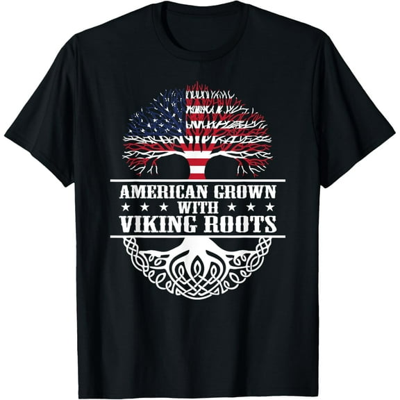 American Grown Viking Roots T-ShirtMen's and women's gift, black and white T-shirt, size: Extra large S-4XL