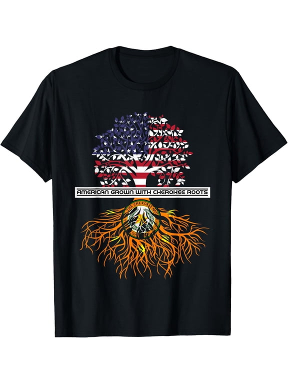 American Grown With Cherokee Roots Tribe Native American T-ShirtMen's and women's gift, black and white T-shirt, size: Extra large S-4XL