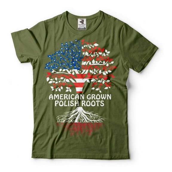 American Grown With Polish Roots Shirt Poland USA Shirt Polish Patriotic Tee Poland Flag Tee (Large Military Green)