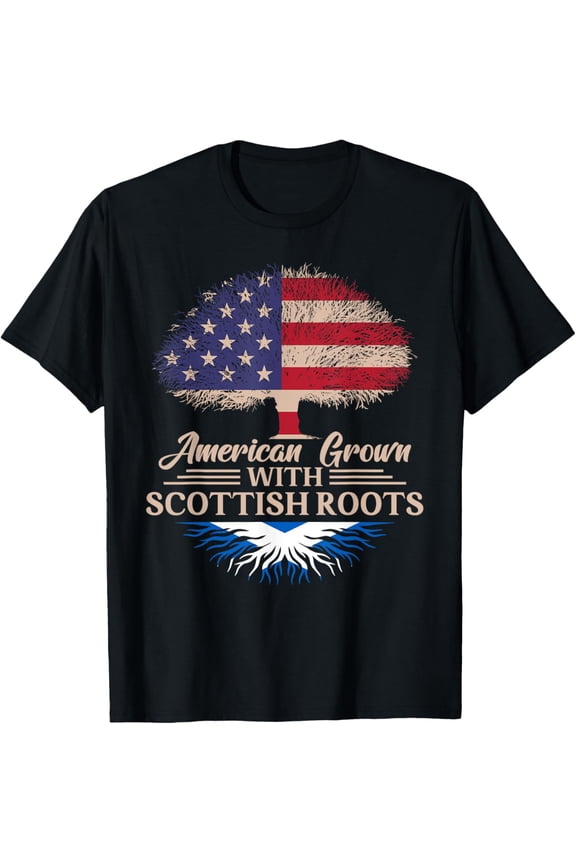 American Grown With Scottish Roots Half American Flag T-ShirtMen's and women's gift, black and white T-shirt, size: Extra large S-4XL