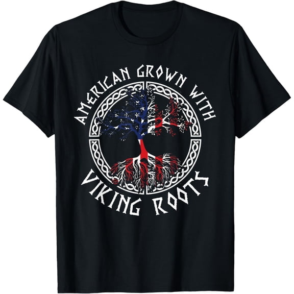 American Grown With Viking Roots Viking T-ShirtMen's and women's gift, black and white T-shirt, size: Extra large S-4XL
