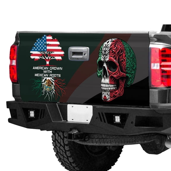 American Grown with Mexican Roots Tailgate Wrap – USA & Mexico Heritage Tree Truck Tailgate Decal, Patriotic Cultural Pride Vehicle Graphic
