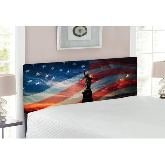 American Headboard, Statue of Liberty National Monument Liberty Island Sunrise with American Flag Scenery, Upholstered Decorative Metal Bed Headboard with Memory Foam, Full Size, Black, by Ambesonne
