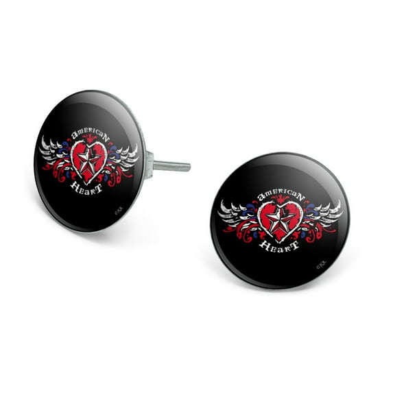 American Heart Flag Red White Blue Motorcycle Biker Novelty Silver Plated Stud Earrings