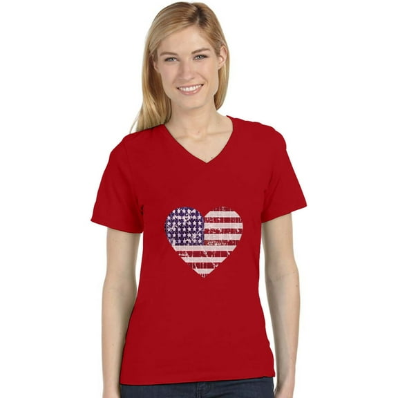 American Heart Flag USA Flag Heart Patriotic 4th of July Women's Fitted V-Neck T-Shirt Medium Red - Independence Day Celebration Top - Soft, Breathable, and Stylish - Made in the USA - Medium Red