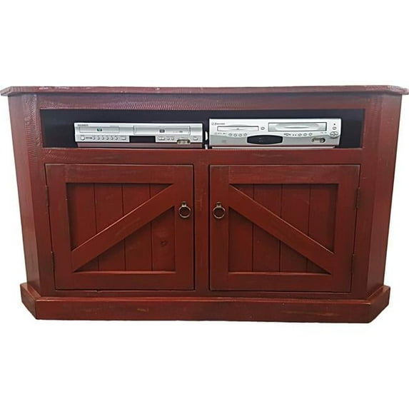 American Heartland 30744RRRD Rustic Curve Corner TV Stand with 2 Rustic Panel Doors, Rustic Red