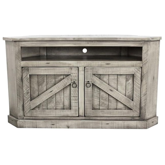 American Heartland Rustic Curve Corner TV Stand with 2 Rustic Panel Doors, Rustic Grey