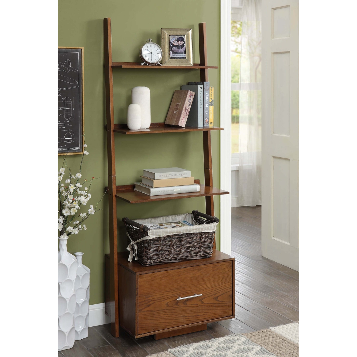 American Heritage Ladder Bookcase with File Drawer, Dark Walnut