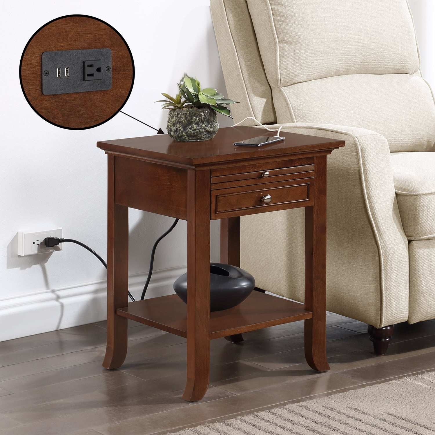 Espresso Wood End Table with Charging Station and Storage