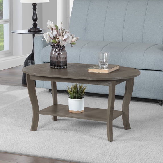 American Heritage Oval Coffee Table with Shelf in Gray Wood Finish