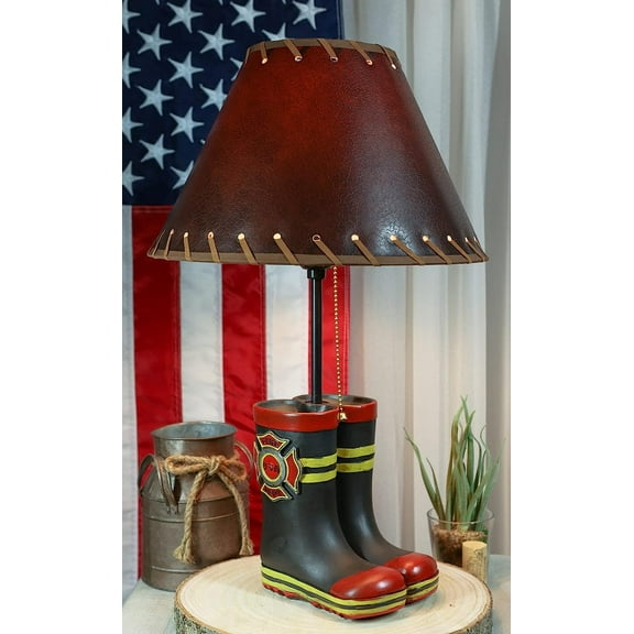 American Hero Fire Fighters Fireman Boots Desktop Table Lamp With Laced Shade