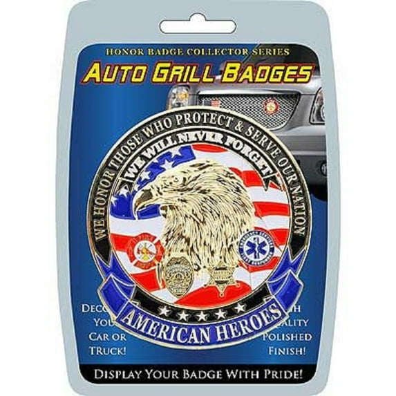American Heroes, We Will Never Forget - Polished Finish, Weatherproof Car Grill Honor Badge - 3.25"