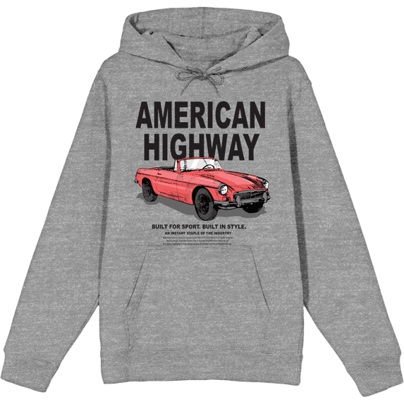 American Highway Convertible Red Car with Retro Style Adult Heather Gray Long Sleeve Hoodie-3XL