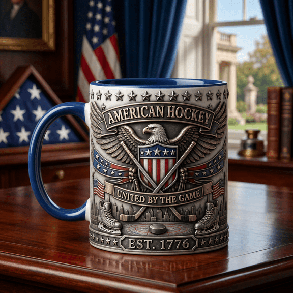 American Hockey Mug Blue Inside Patriotic Eagle Coffee Cup for Hockey Fans