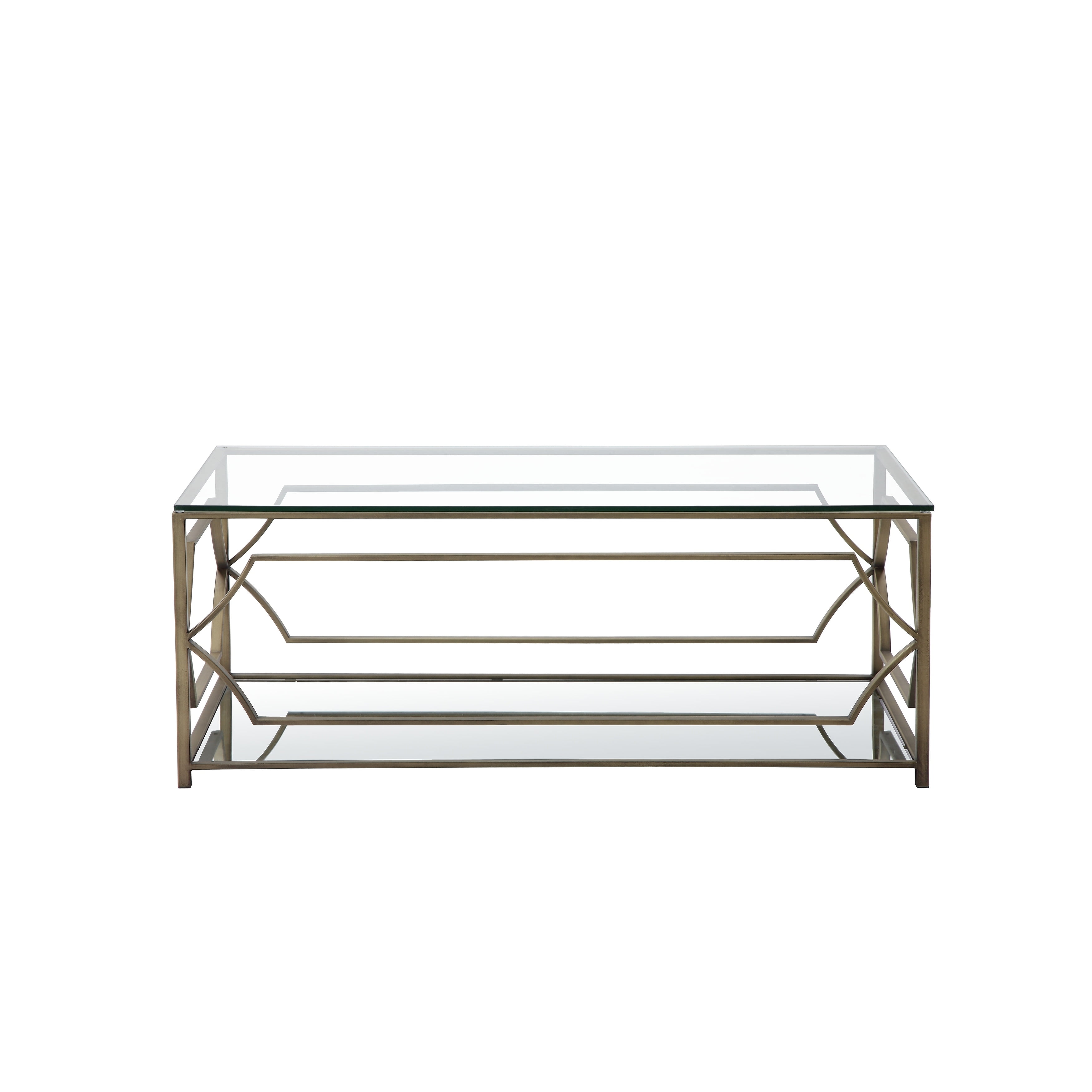 Brushed Brass Rectangular Coffee Table with Glass Top and Mirrored Shelf