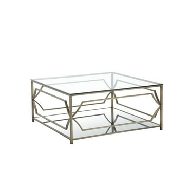 American Home Classic Edward Square Metal-Glass Coffee Table in Brushed Brass