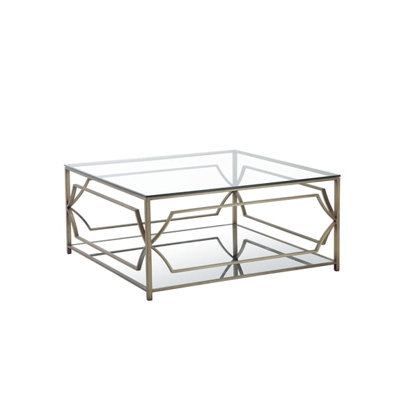 American Home Classic Edward Square Metal-Glass Coffee Table in Brushed Brass