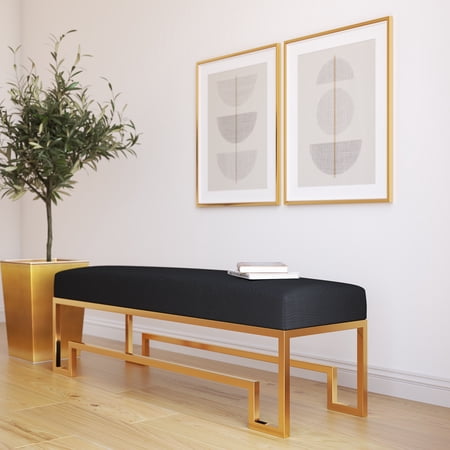 American Home Laurence Steel and Fabric Bench in High Polish Gold/Sand Boucle
