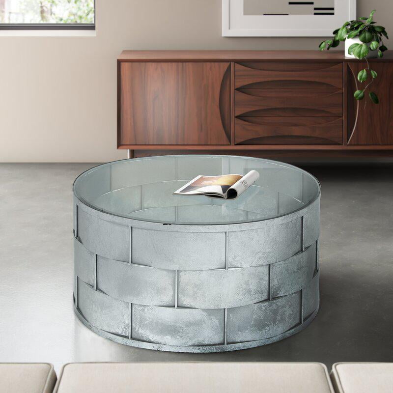Margot Round Silver Leaf Metal Coffee Table with Glass Top