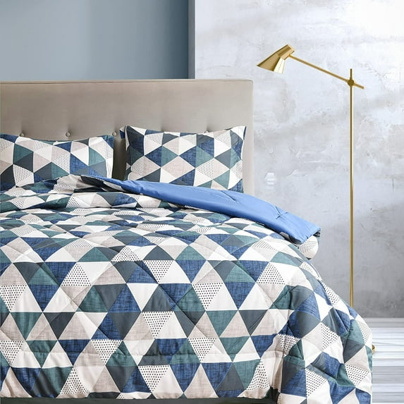 American Home Collection 3-Piece Reversible Comforter Set, Soft and Lightweight, Blue Triangle, Full/Queen