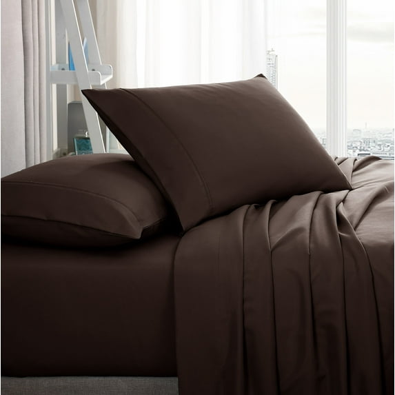 American Home Collection Brushed Microfiber Sheet Set, Deep Pocket Extra Soft Sheets & Pillowcases Set, 4 Pieces, Queen, Brown